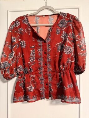 Red Floral Button-Front Peasant Blouse